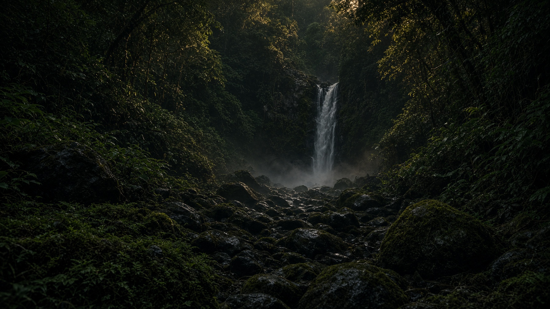 A dark Pantanal forest at dusk, mossy stones and a waterfall in the mist